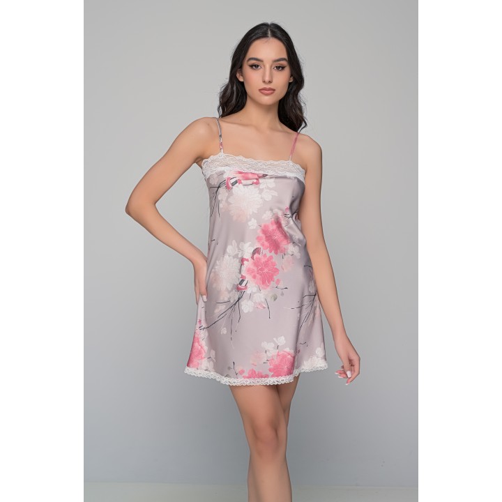 Σατέν Νυχτικό με Δαντέλα Σετ με Ασορτί String - Εμπριμέ