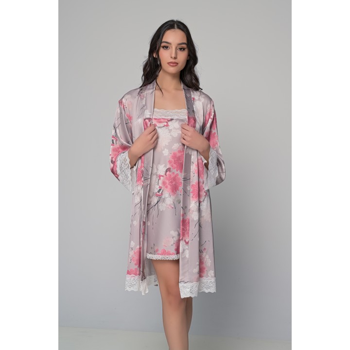 Σατέν Νυχτικό με Δαντέλα Σετ με Ασορτί String - Εμπριμέ