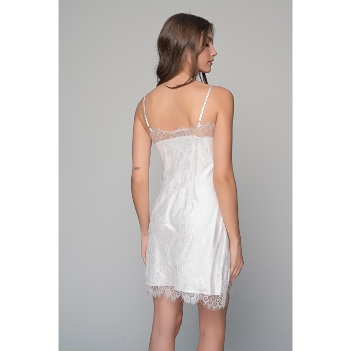 Δαντελένιο Νυχτικάκι με Επένδυση Σατέν Σετ με Ασορτί String - Ιβουάρ