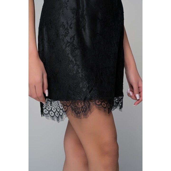 Δαντελένιο Νυχτικάκι με Επένδυση Σατέν Σετ με Ασορτί String - Μαύρο