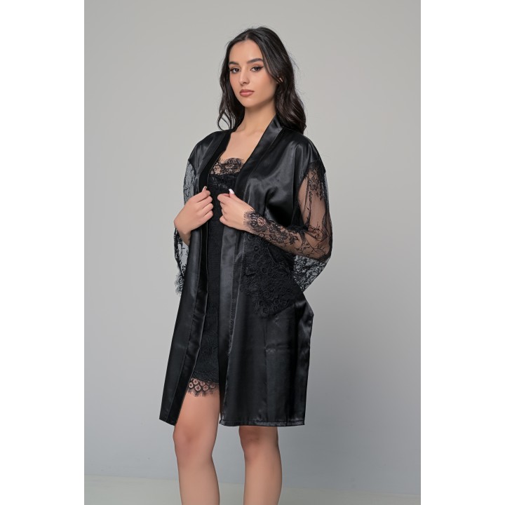 Δαντελένιο Νυχτικάκι με Επένδυση Σατέν Σετ με Ασορτί String - Μαύρο