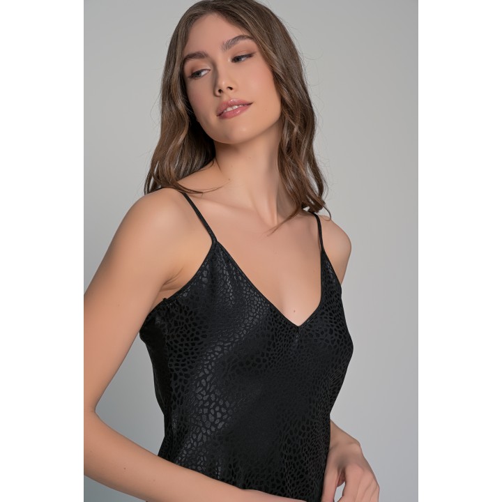 Σατέν Νυχτικάκι Σετ με Ασορτί String - Μαύρο