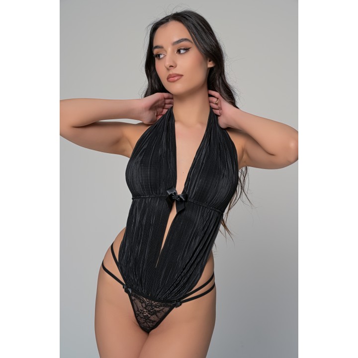 Body String με Ύφασμα Πλισέ και Δαντέλα - Μαύρο