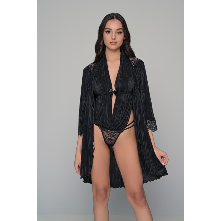 Body String με Ύφασμα Πλισέ και Δαντέλα - Μαύρο