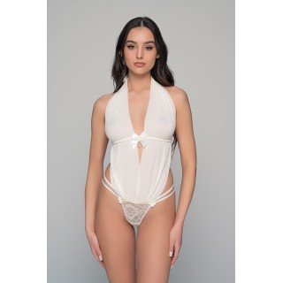 Body String με Ύφασμα Πλισέ και Δαντέλα - Ιβουάρ