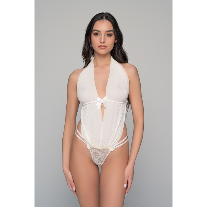 Body String με Ύφασμα Πλισέ και Δαντέλα - Ιβουάρ