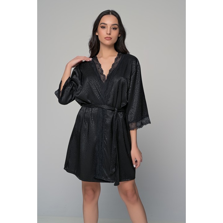 Ρόμπα Σατέν με Δαντέλα - Μαύρο