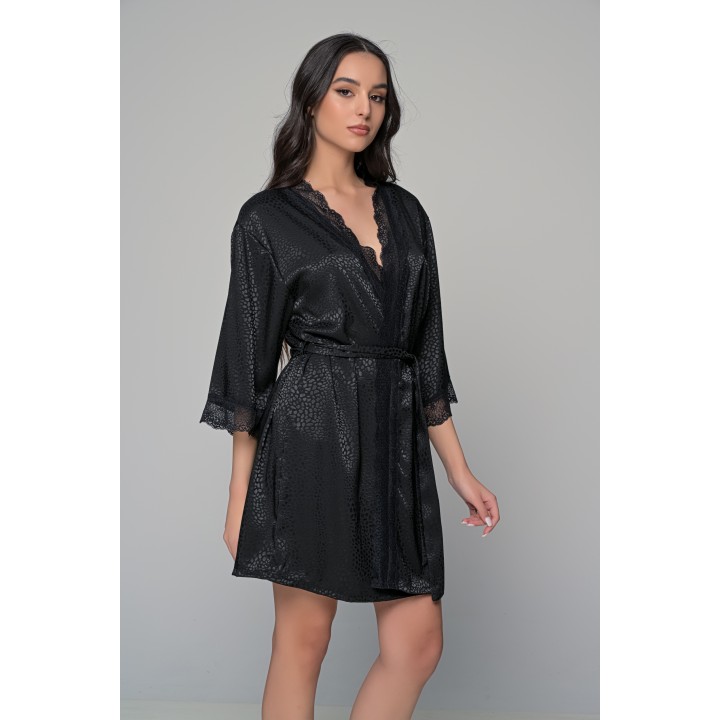 Ρόμπα Σατέν με Δαντέλα - Μαύρο