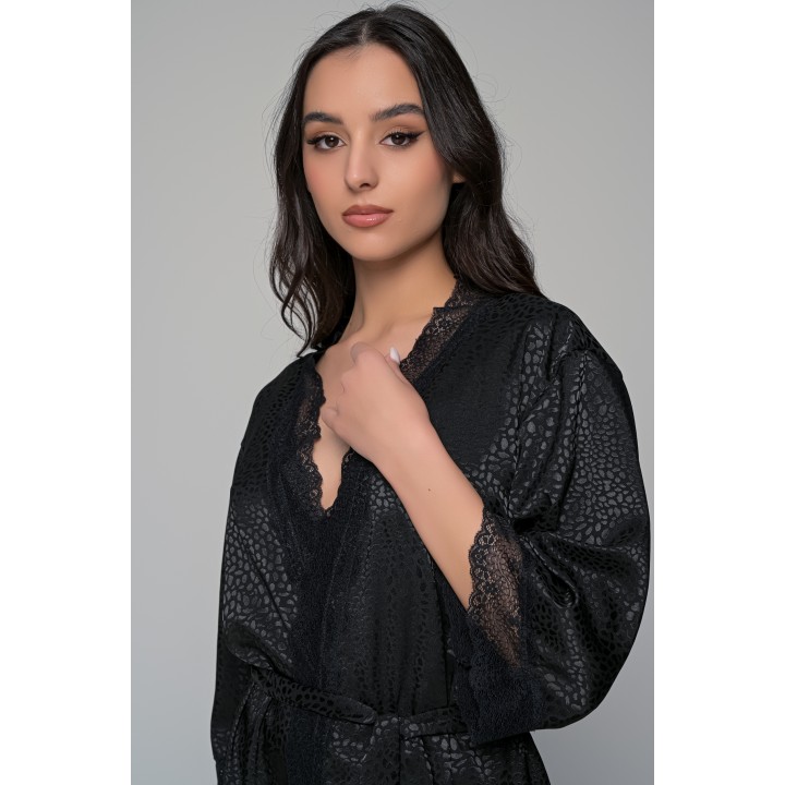 Ρόμπα Σατέν με Δαντέλα - Μαύρο