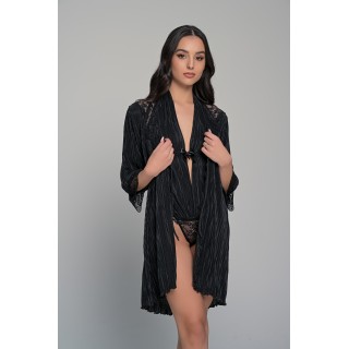Ρόμπα Ύφασμα Πλισέ με Δαντέλα - Μαύρο