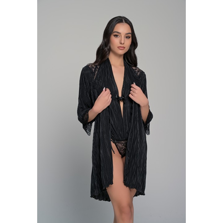 Ρόμπα Ύφασμα Πλισέ με Δαντέλα - Μαύρο