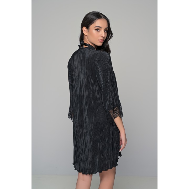 Ρόμπα Ύφασμα Πλισέ με Δαντέλα - Μαύρο