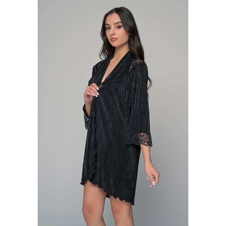 Ρόμπα Ύφασμα Πλισέ με Δαντέλα - Μαύρο