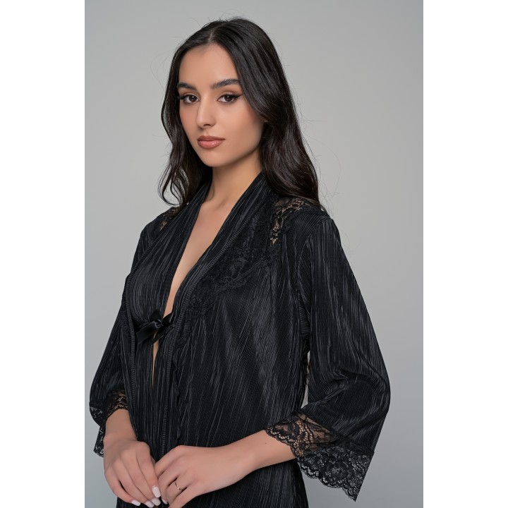 Ρόμπα Ύφασμα Πλισέ με Δαντέλα - Μαύρο