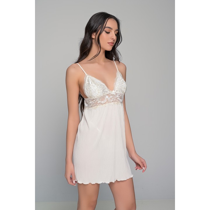 Νυχτικό με Ύφασμα Πλισέ και Δαντέλα Σετ με Ασορτί String - Ιβουάρ