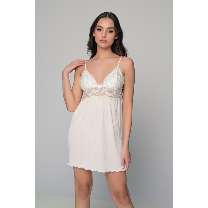 Νυχτικό με Ύφασμα Πλισέ και Δαντέλα Σετ με Ασορτί String - Ιβουάρ