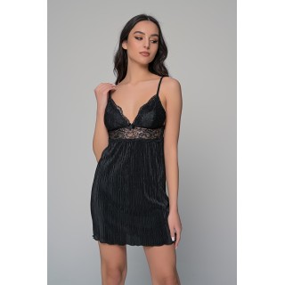 Νυχτικό με Ύφασμα Πλισέ και Δαντέλα Σετ με Ασορτί String - Μαύρο