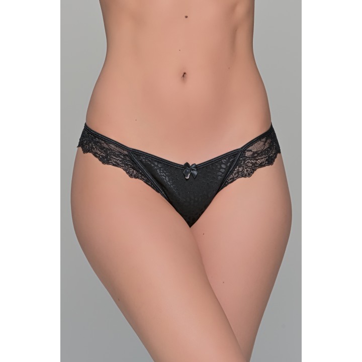 Σλιπ String Σατέν Ζακάρ και Δαντέλα - Μαύρο