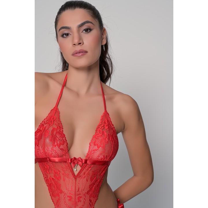 Δαντελένιο Κορμάκι με Σατέν Κορδέλες - Κόκκινο