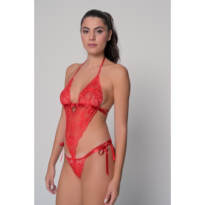 Δαντελένιο Κορμάκι με Σατέν Κορδέλες - Κόκκινο
