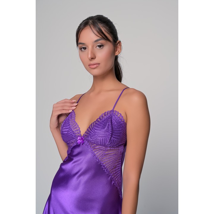 Σατέν Νυχτικό με Δαντέλα Σετ με String - Μωβ