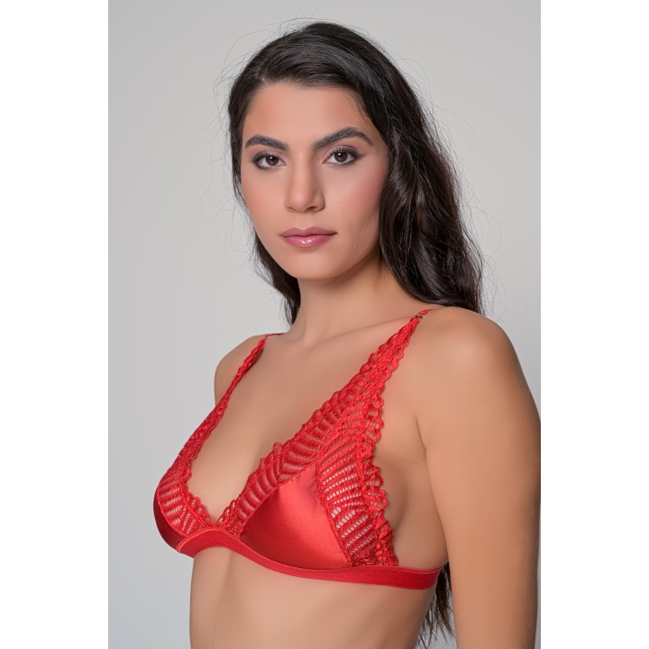 Τρίγωνο Δαντελένιο Σουτιέν με Σατέν - Κόκκινο