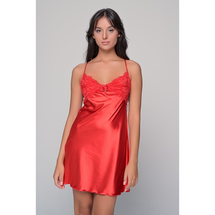 Σατέν Νυχτικό με Δαντέλα Σετ με String - Κόκκινο