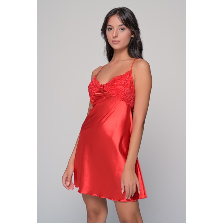 Σατέν Νυχτικό με Δαντέλα Σετ με String - Κόκκινο