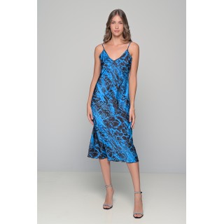 Μάξι Σατέν Νυχτικό Σετ με String - Μπλε-μαύρο