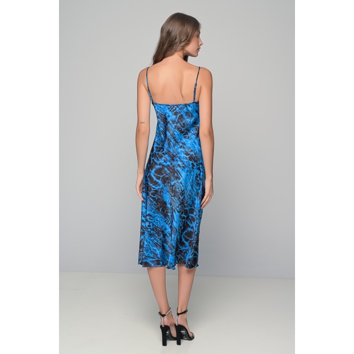 Μάξι Σατέν Νυχτικό Σετ με String - Μπλε-μαύρο