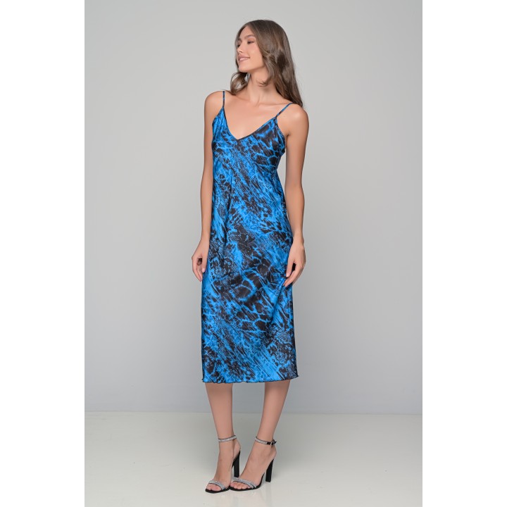 Μάξι Σατέν Νυχτικό Σετ με String - Μπλε-μαύρο