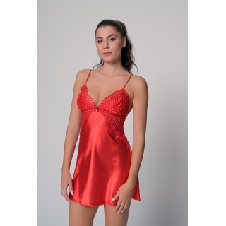 Σατέν Νυχτικό με Δαντέλα Σετ με String - Κόκκινο