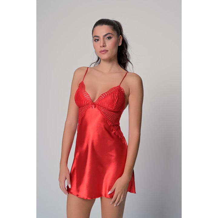 Σατέν Νυχτικό με Δαντέλα Σετ με String - Κόκκινο