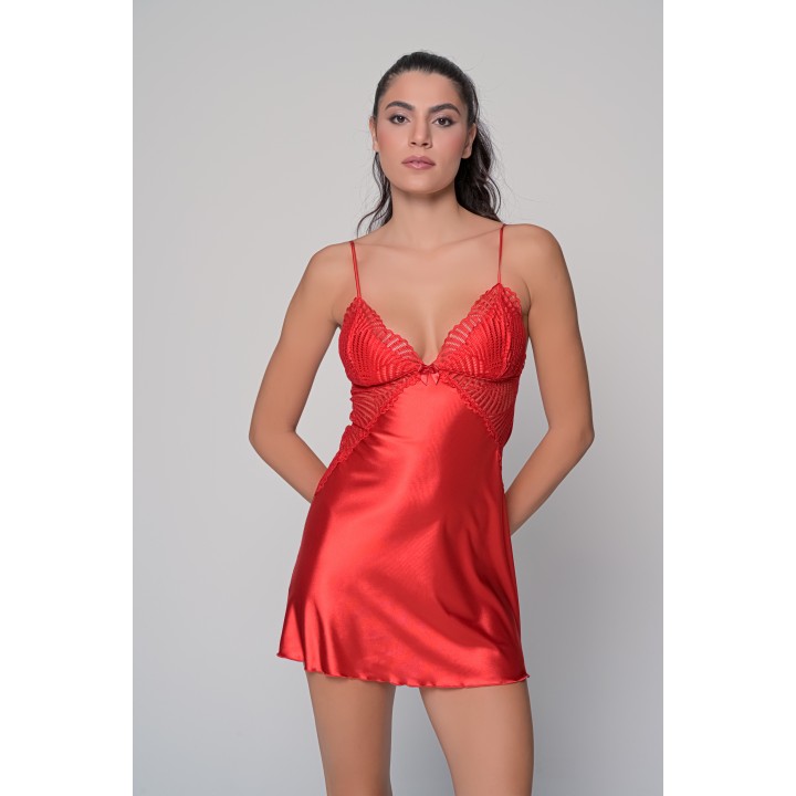 Σατέν Νυχτικό με Δαντέλα Σετ με String - Κόκκινο