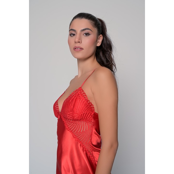 Σατέν Νυχτικό με Δαντέλα Σετ με String - Κόκκινο