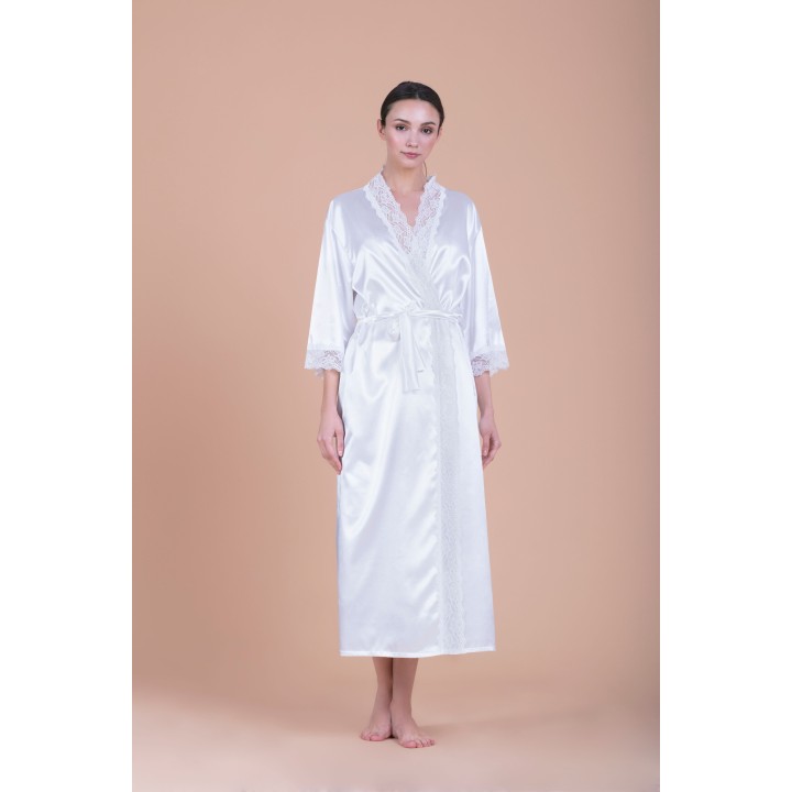 Μάξι Σατέν Νυφική Ρόμπα με Δαντέλα - Ιβουάρ
