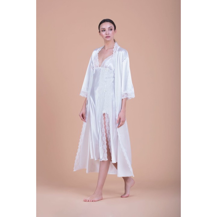Μάξι Σατέν Νυφική Ρόμπα με Δαντέλα - Ιβουάρ