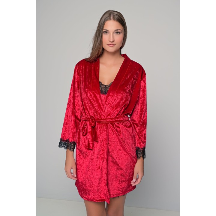 Σετ Γυναικεία Εσώρουχα Βελούδο Νυχτικό και Ρόμπα - Ρουμπινί