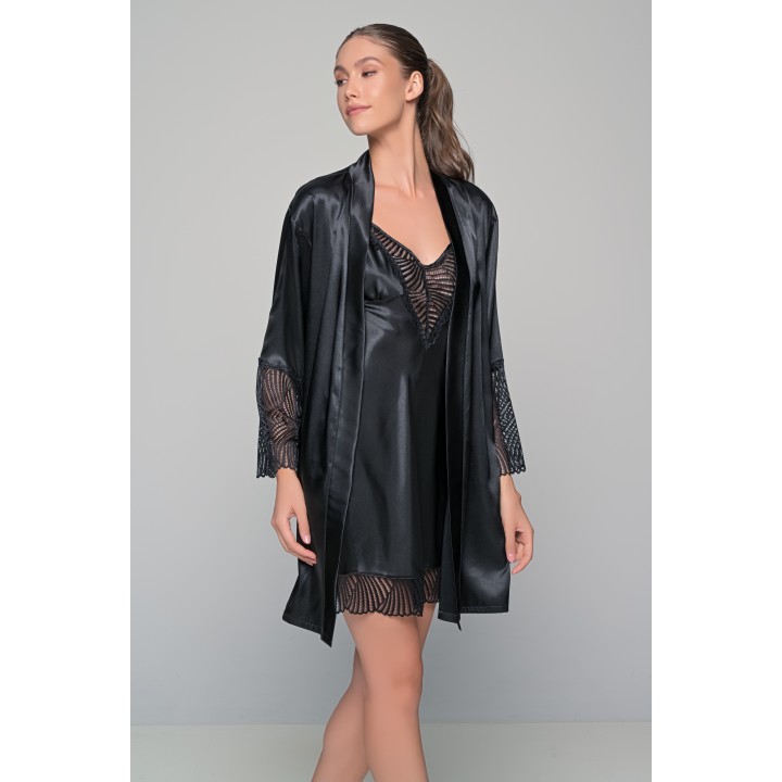 Σετ Σατέν Εσωρούχων Νυχτικό και Ρόμπα - Μαύρο