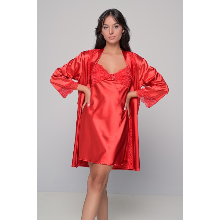 Σατέν Σετ Νυχτικό και Ρόμπα - Κόκκινο