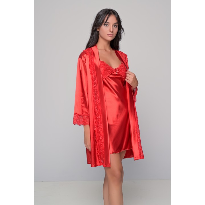 Σατέν Σετ Νυχτικό και Ρόμπα - Κόκκινο