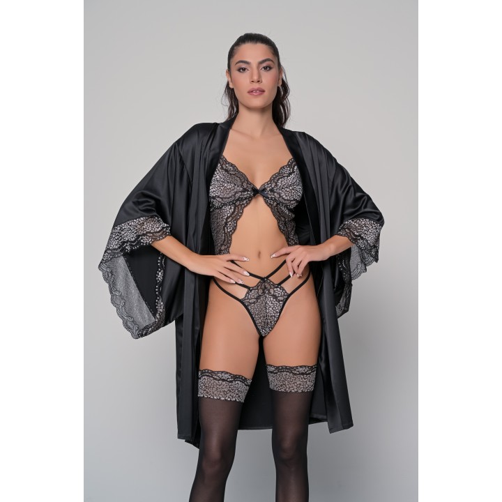 Σετ Sexy Κορμάκι και Σατέν Ρόμπα - Μαύρο