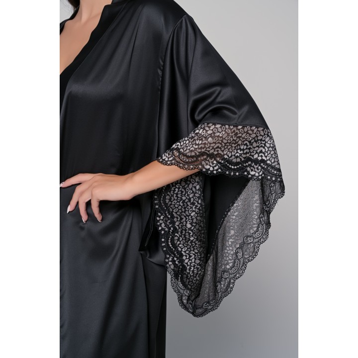Σατέν Κιμονό με Δαντέλα - Μαύρο