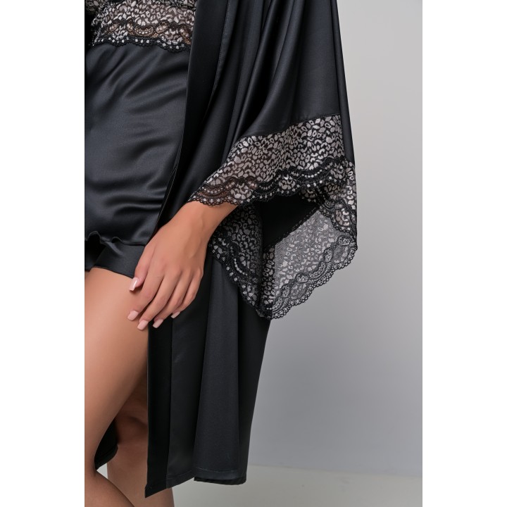 Σατέν Κιμονό με Δαντέλα - Μαύρο