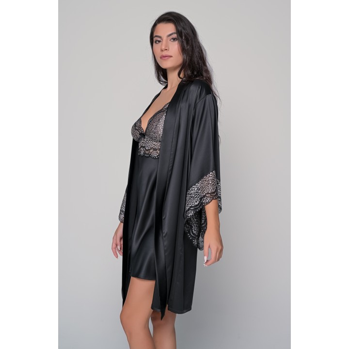 Σατέν Κιμονό με Δαντέλα - Μαύρο