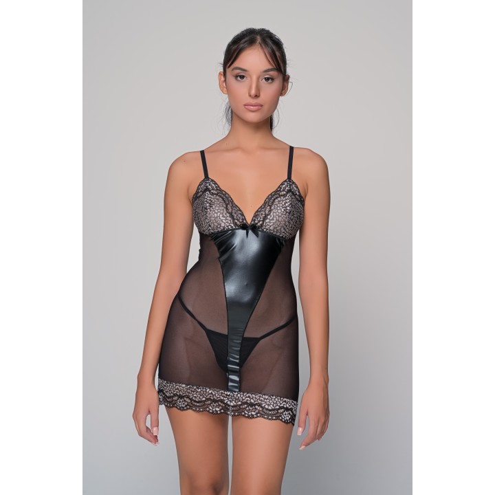 Διάφανο Νυχτικάκι Σετ με String - Μαύρο