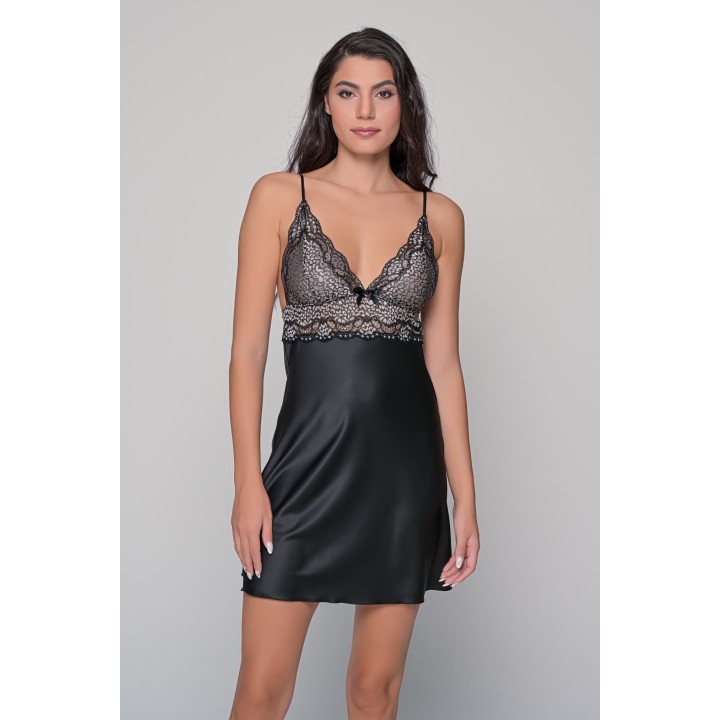 Σατέν Νυχτικό με Δαντέλα Σετ με String - Μαύρο