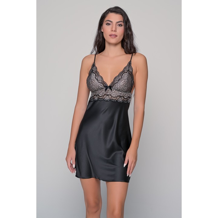 Σατέν Νυχτικό με Δαντέλα Σετ με String - Μαύρο