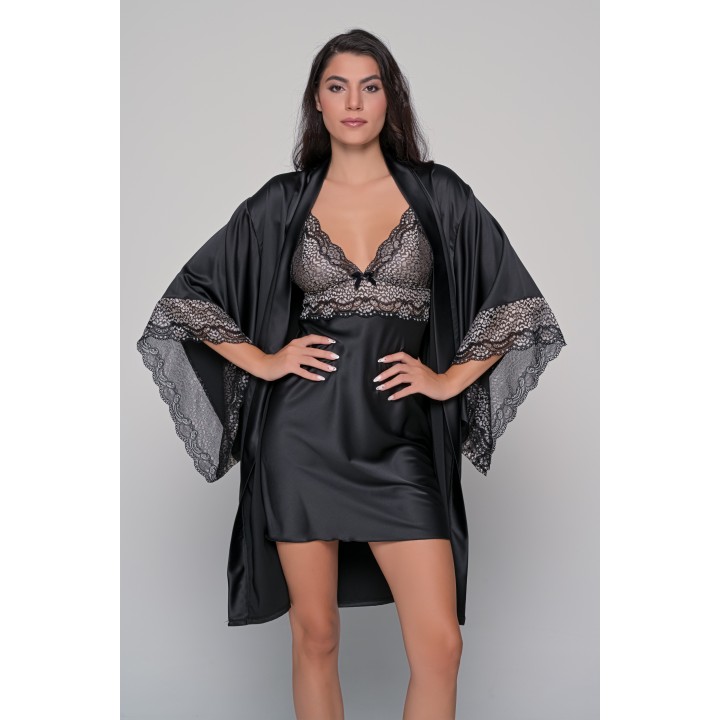 Σατέν Νυχτικό με Δαντέλα Σετ με String - Μαύρο