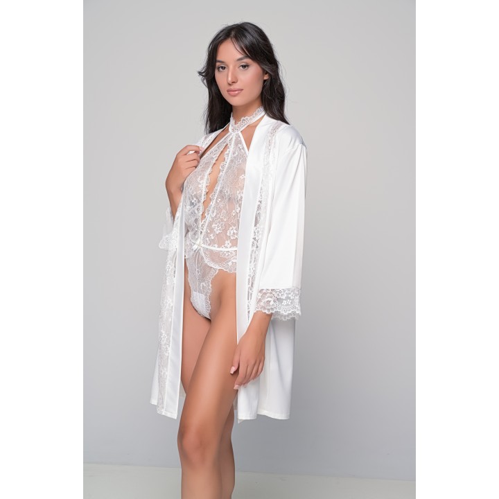 Νυφικό Σετ Δαντελένιο Κορμάκι και Σατέν Ρόμπα - Ιβουάρ